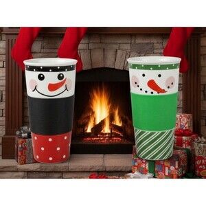 Set 2 Century Snowman Coffee Mugs Ceramic Holiday Cups w Rubber Grip Holds 12 Oz